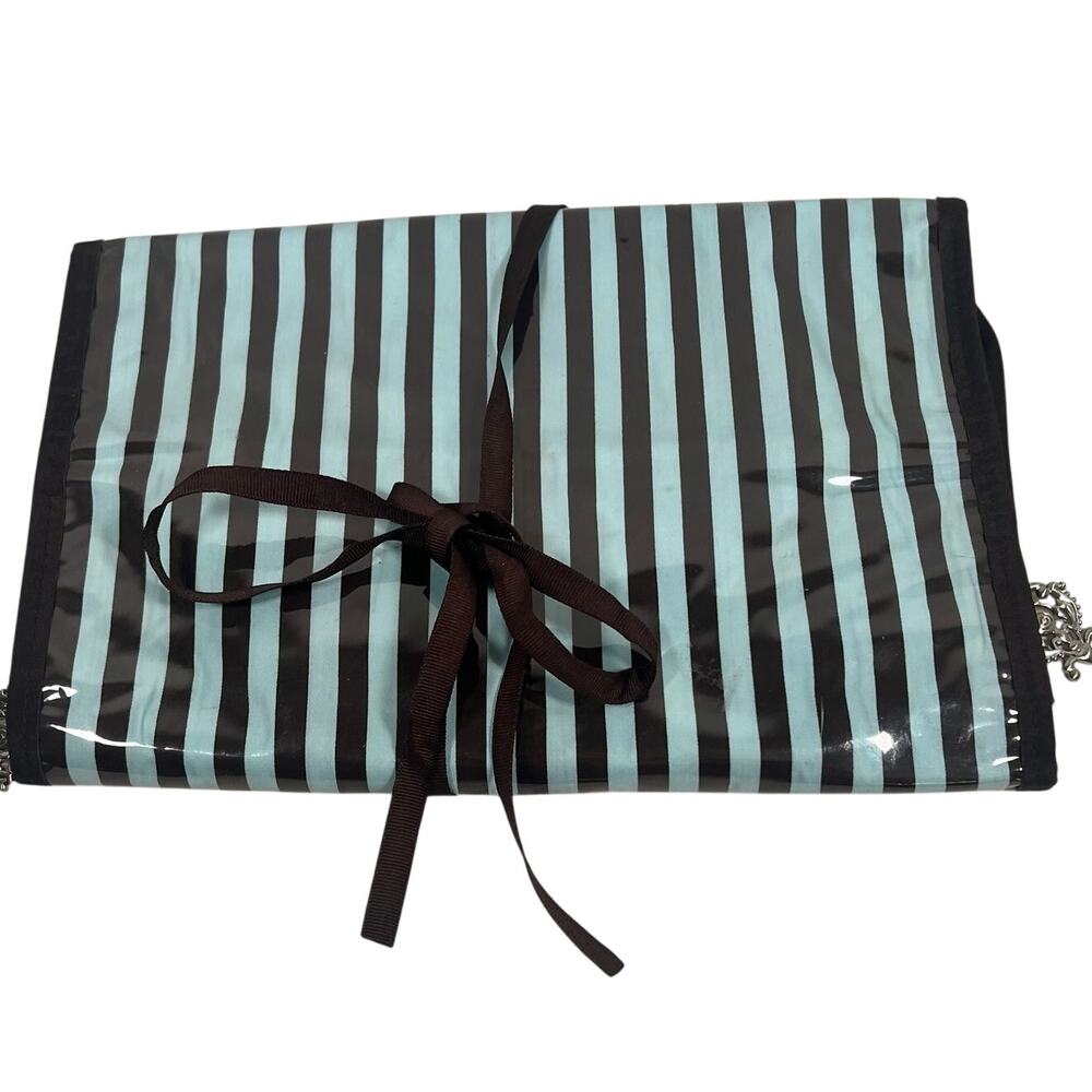 Trifold Vinyl Brown Blue Striped Cosmetic Bag w Hanger Metal Charm Zip Closures